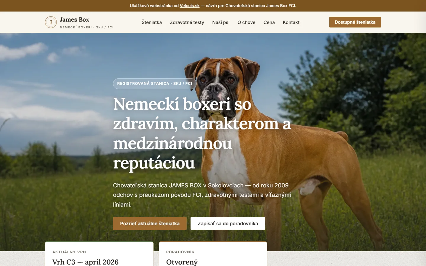 Chovateľská stanica James Box FCI — webstránka pre chovnú stanicu, ukážka