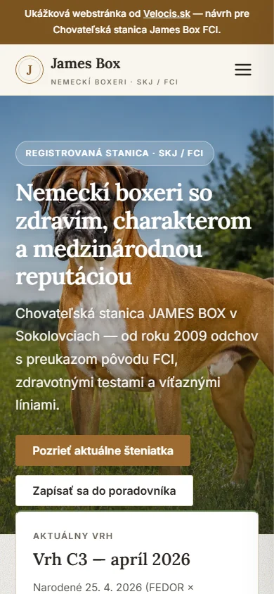 Chovateľská stanica James Box FCI — webstránka pre chovnú stanicu, ukážka — mobilné zobrazenie