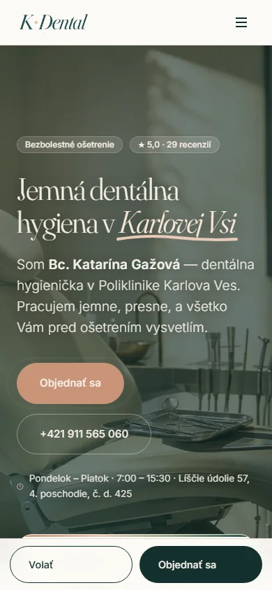 K·Dental, Bratislava-Karlova Ves — webstránka pre ambulanciu dentálnej hygieny — mobilné zobrazenie
