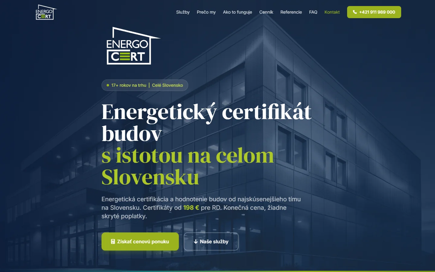 ENERGOCERT GROUP — webstránka pre energetickú certifikáciu budov, ukážka