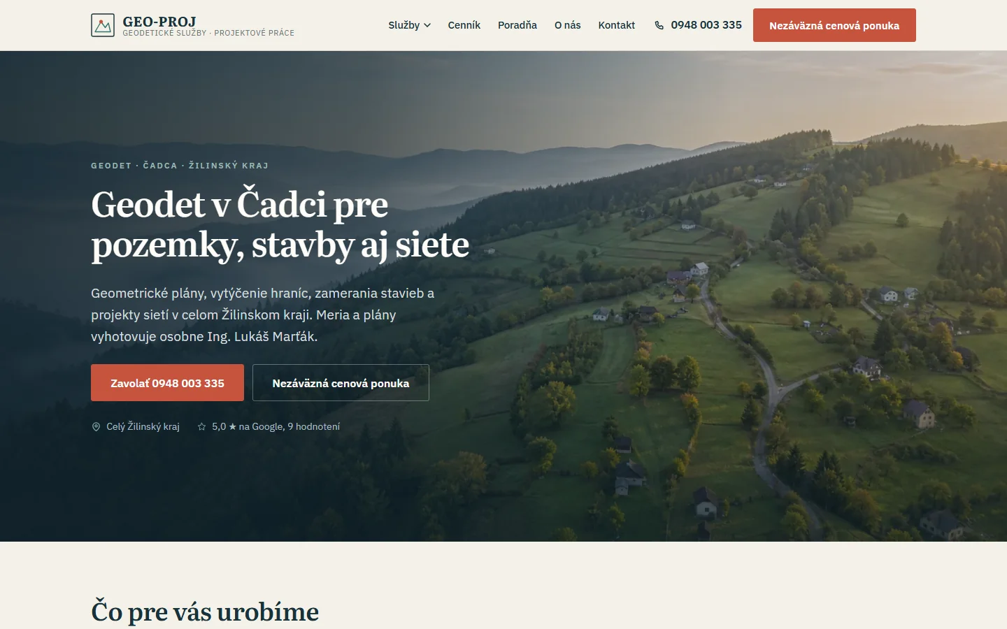 Úvod webu GEO-PROJ v Čadci: kysucká krajina, tlačidlo na telefonát a na cenovú ponuku.