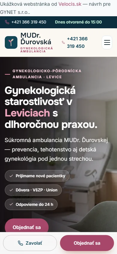 GYNET s.r.o. — webstránka pre gynekologickú ambulanciu, ukážka — mobilné zobrazenie