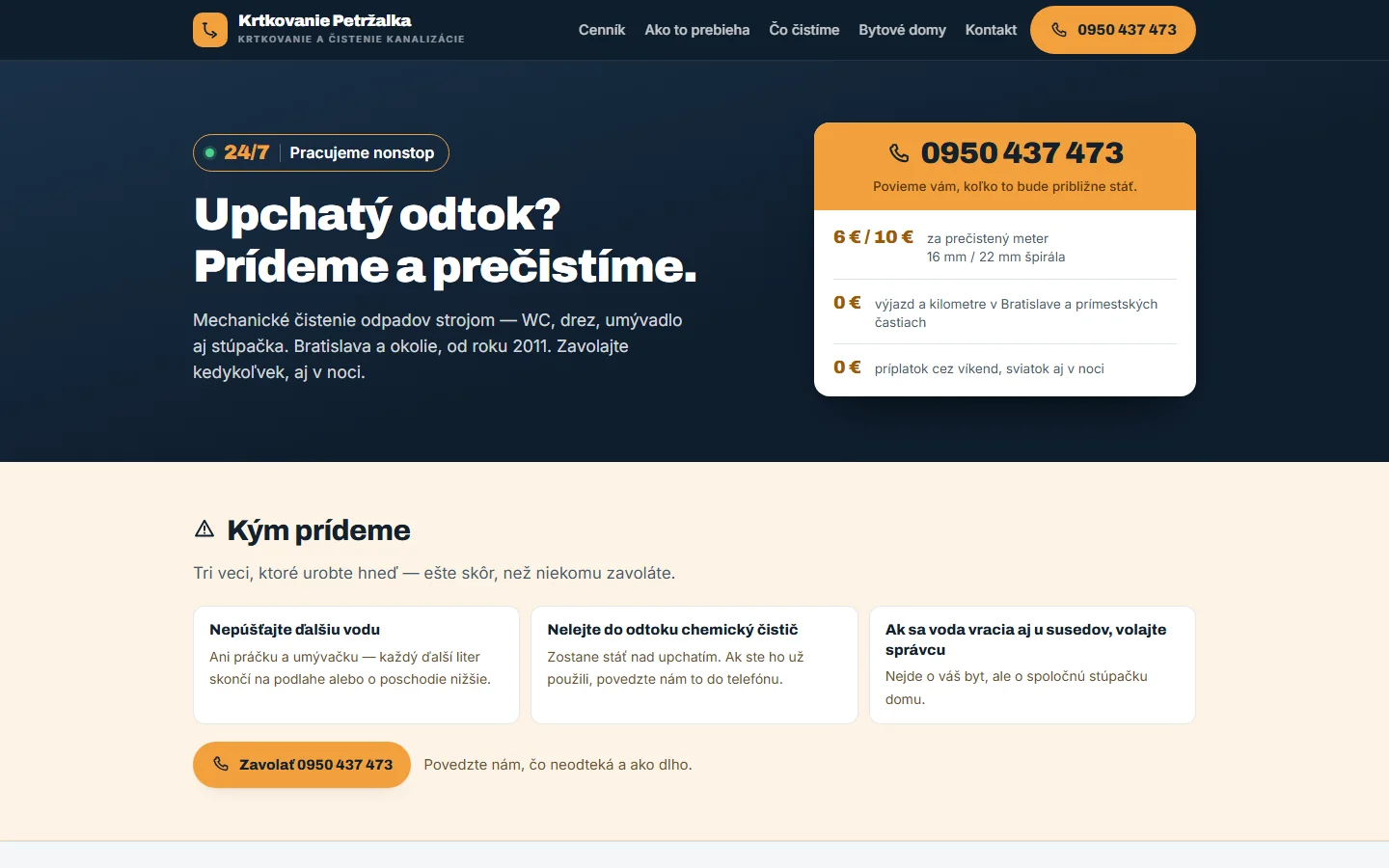 Úvod webu krtkovanie-petrzalka.sk: tmavomodrý nadpis o upchatom odtoku, oranžová karta s telefónom a cenami.