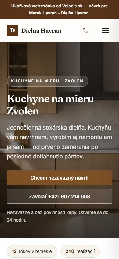 Dielňa Havran — ukážková webstránka pre kuchyne na mieru — mobilné zobrazenie