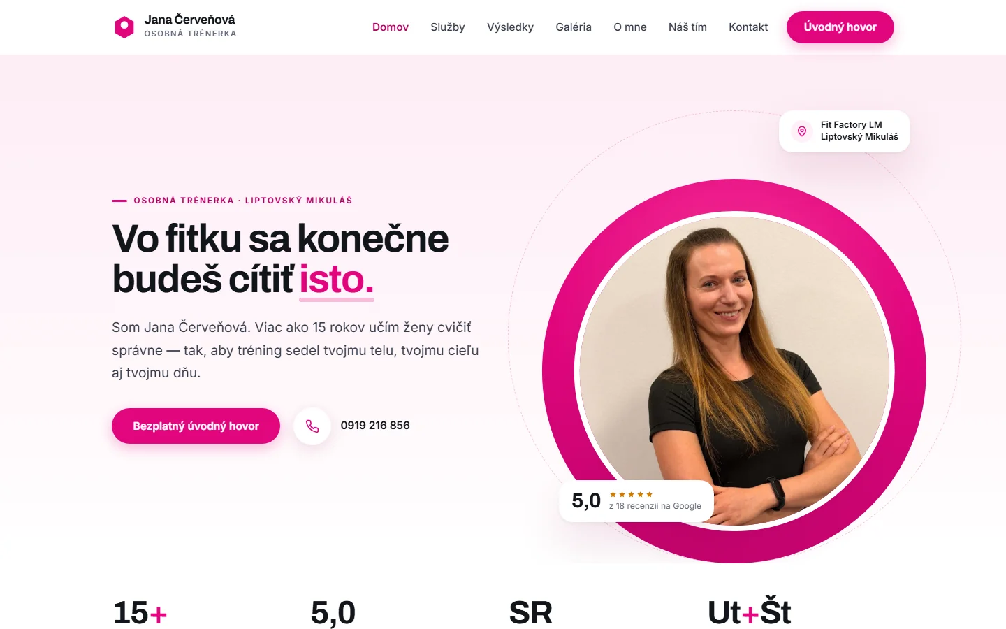 Úvodná stránka webu Jany Červeňovej: portrét, tlačidlo na úvodný hovor, Fit Factory LM a hodnotenie 5,0.
