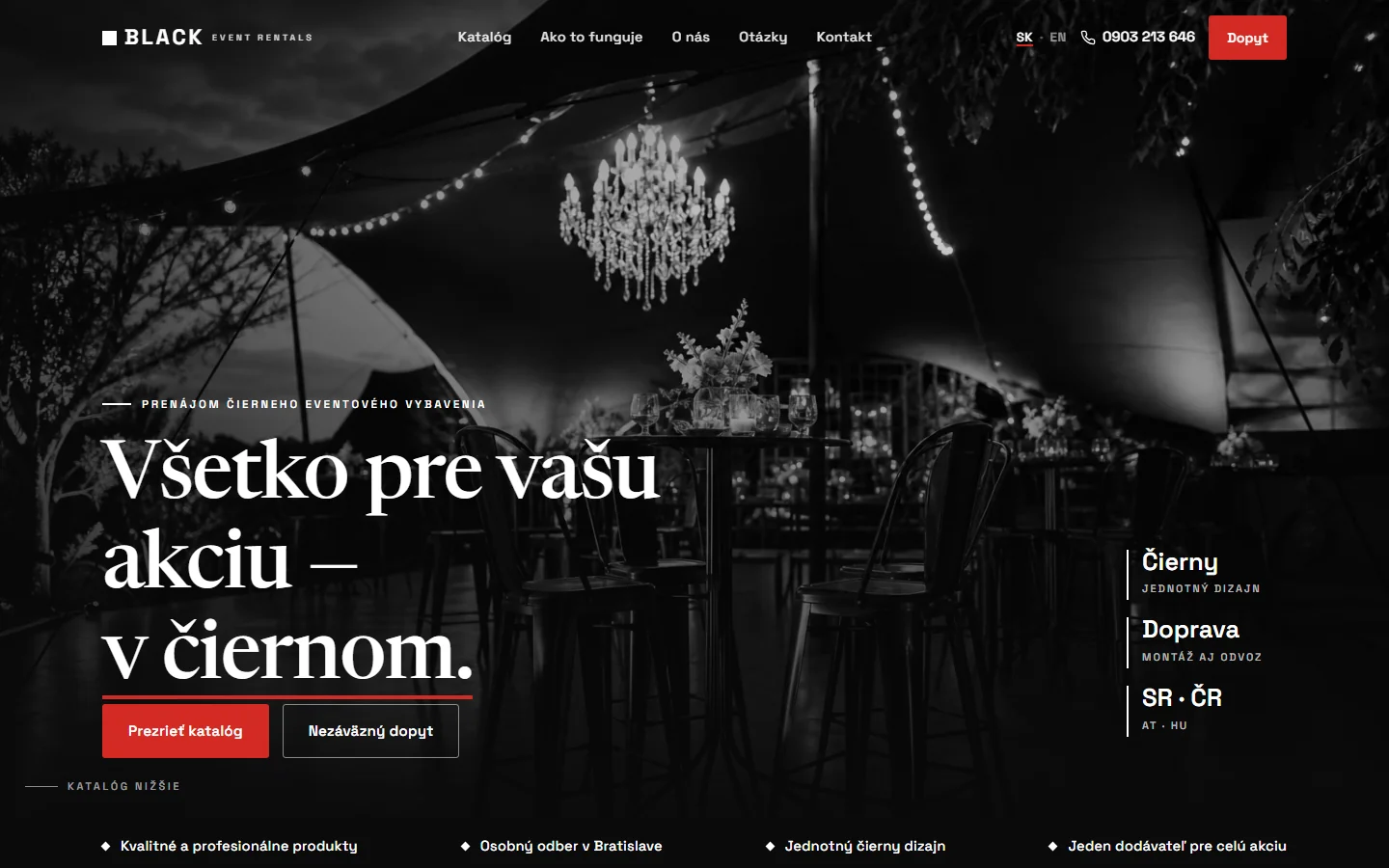 Black Event Rentals — webstránka pre požičovňu párty stanov a eventového vybavenia, ukážka