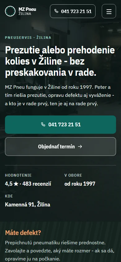 MZ Pneu Žilina — webstránka pre pneuservis, ukážka — mobilné zobrazenie