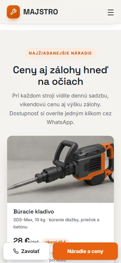 MAJSTRO — ukážková webstránka pre požičovňu náradia a stavebnej techniky — mobilné zobrazenie