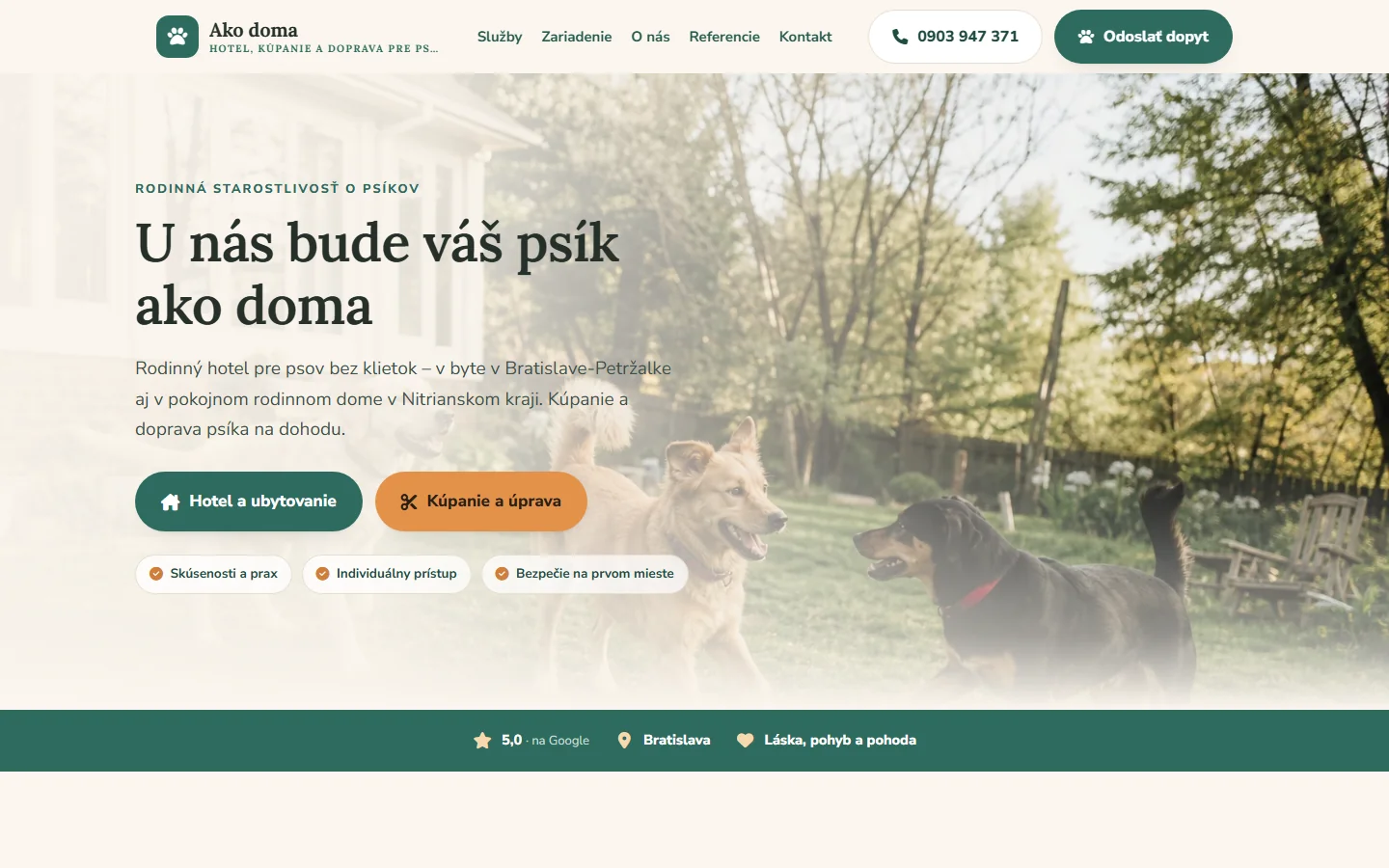Ako doma — Hotel pre psov — webstránka pre psí hotel, ukážka
