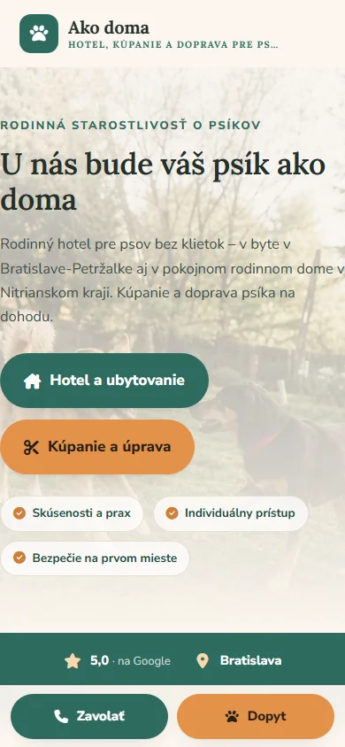 Ako doma — Hotel pre psov — webstránka pre psí hotel, ukážka — mobilné zobrazenie