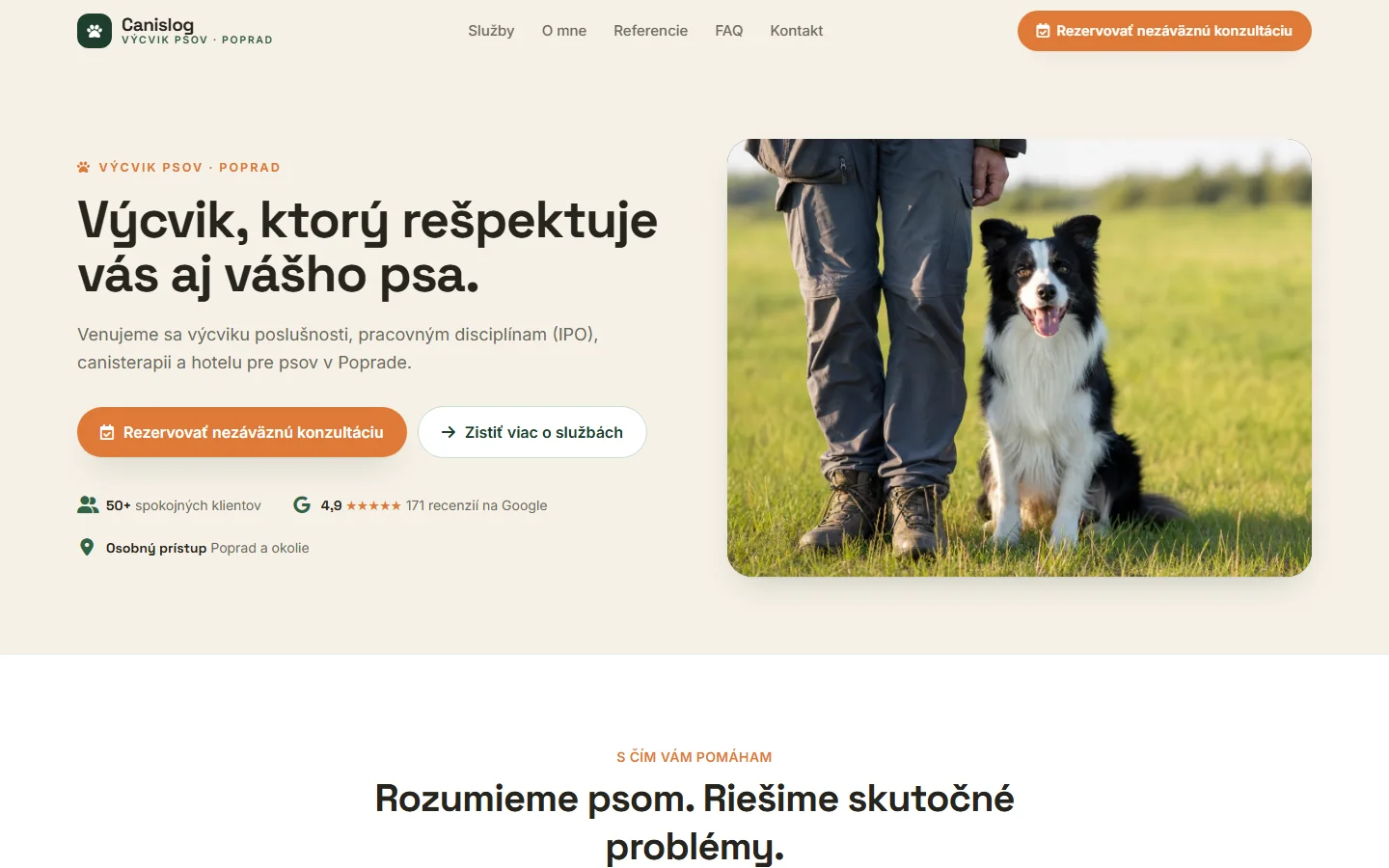 Canislog Poprad — webstránka pre psiu školu, ukážka