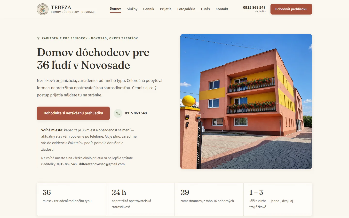 Domov dôchodcov TEREZA, Novosad: webstránka zariadenia pre seniorov