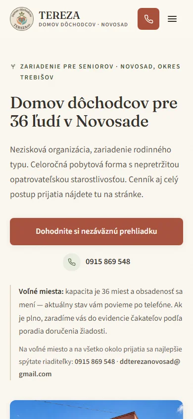 Domov dôchodcov TEREZA, Novosad: webstránka zariadenia pre seniorov — mobilné zobrazenie