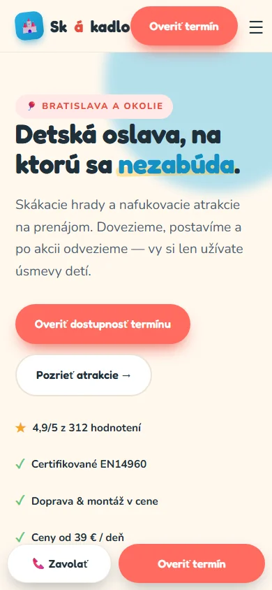 Skákadlo — webstránka pre požičovňu skákacích hradov, ukážka — mobilné zobrazenie