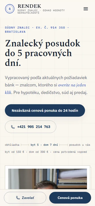 Rendek — ukážková webstránka pre súdneho znalca — mobilné zobrazenie