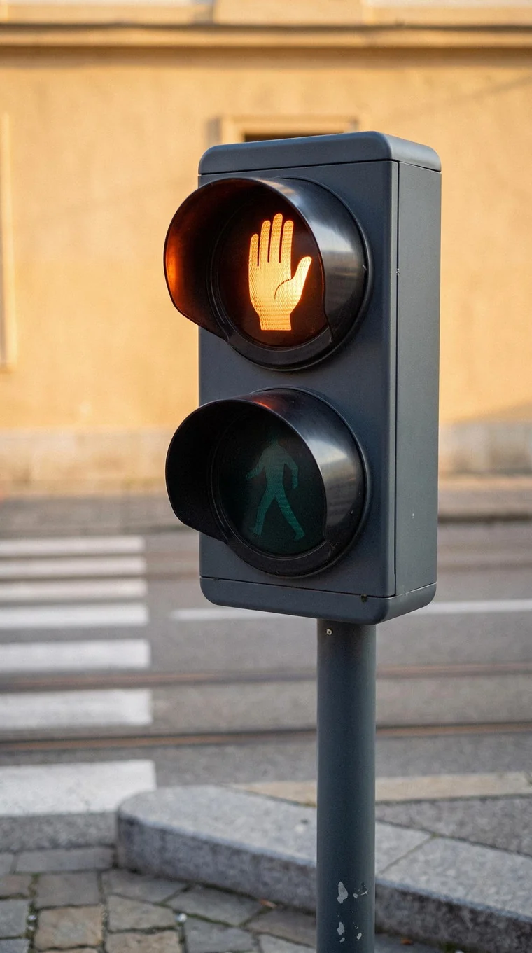 Vygenerovaný semafor pre chodcov s oranžovou zdvihnutou dlaňou v hornom svetle.